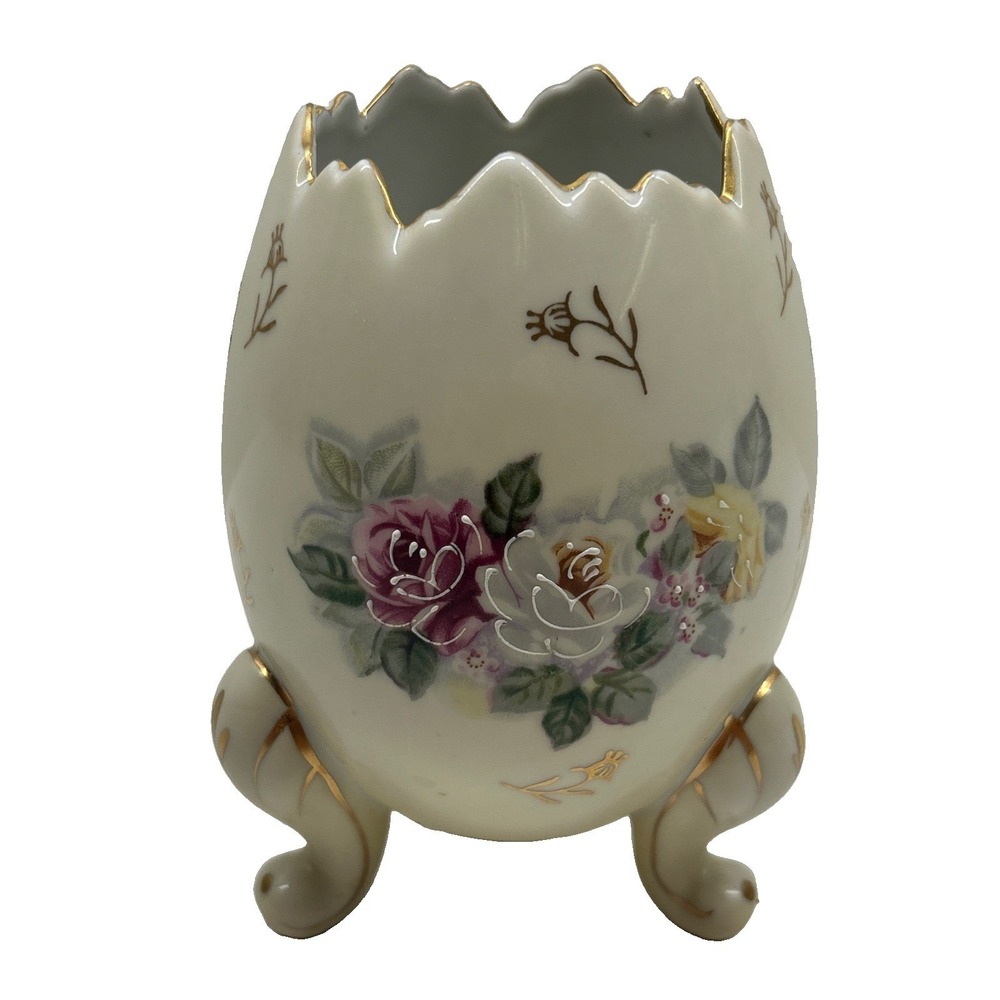 Vintage 1962 Inarco Porcelain Footed Egg Vase | Hand Painted Floral‎ Design Gold